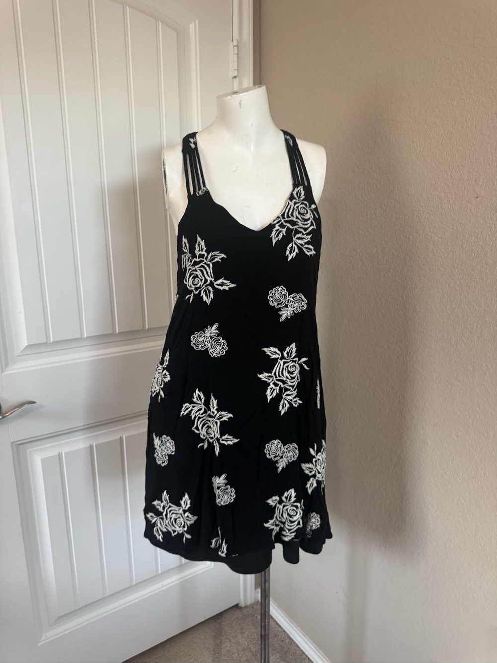 My Michelle Black Mini Dress with White Rose Print